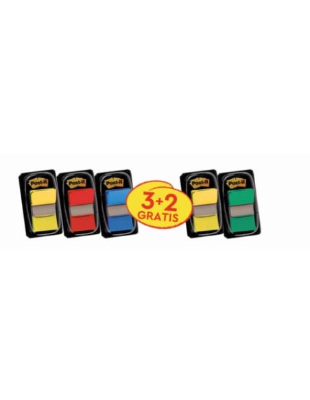 Segnapagina Post-it® index 680 con dispenser - 24,5x43,6 mm Value pack 3+2 rosso, verde, giallo, blu - 680-3+2