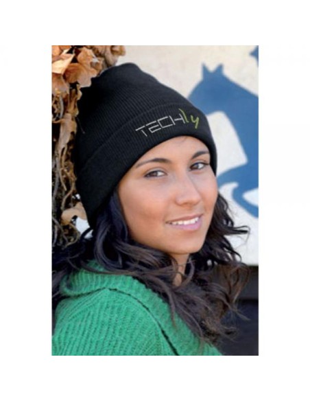 Berretto invernale a costine nero con logo Techly
