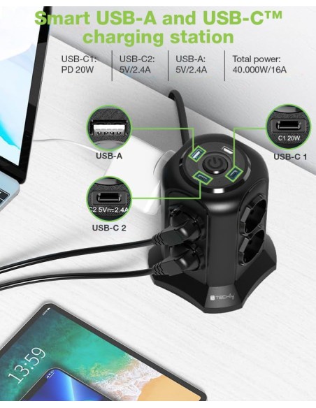 Multipresa da Tavolo a Torretta Salvaspazio 8 Posti Italiana Bipasso / Schuko 2 USB-A e 2 USB-C™