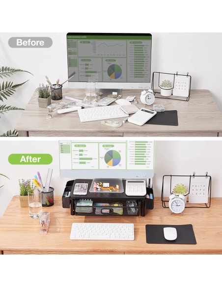 Supporto per Monitor Ergonomico Regolabile a 3 Altezze con Cassetto e Portaoggetti