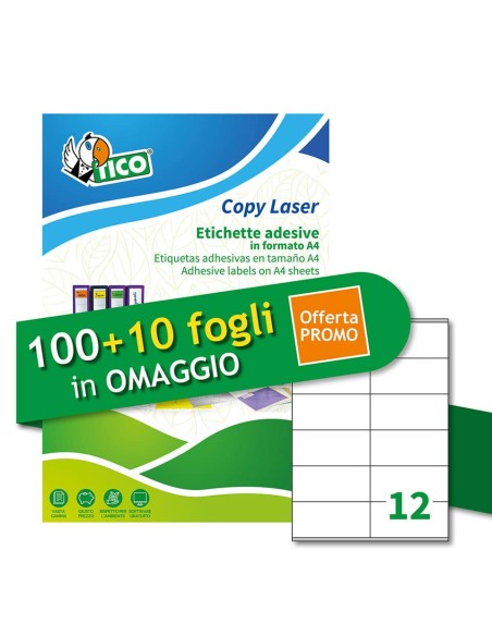 Etichette bianche adesive permanenti Tico laser/inkjet 12 et./foglio conf. 100+10 ff OMAGGIO 105x48 mm