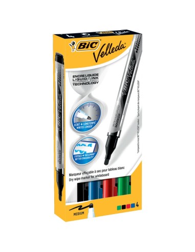 Marcatori per lavagne bianche BIC Velleda Liquid Ink Pocket punta conica 4,2 mm assortiti  astuccio da 4 - 902094