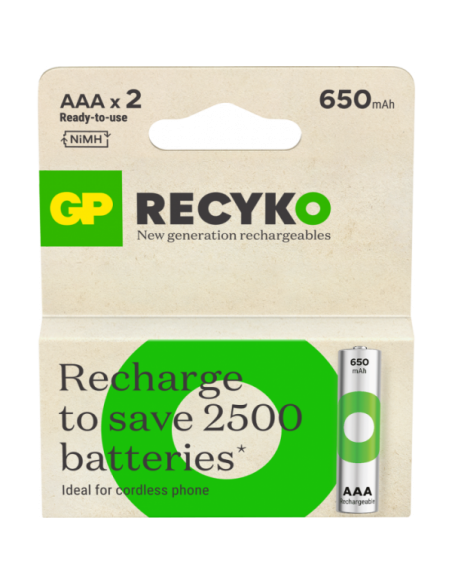 Blister 2 Batterie Ricaricabili Mini Stilo AAA 650 mAh GP Recyko