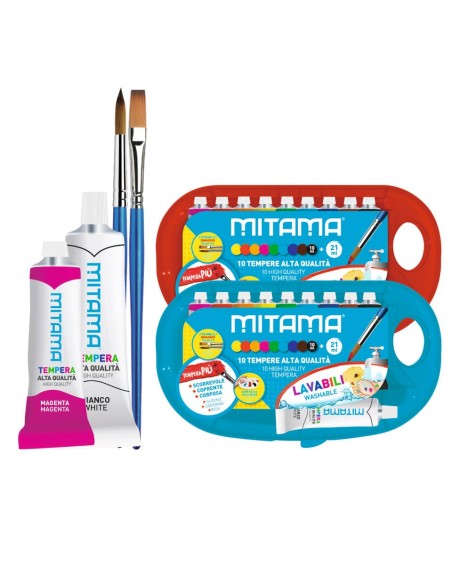 Tempera Mitama Più Superlavabile con tavolozza - 9 tubi da 10 ml assortiti + 1 tubo bianco 21 ml + 2 pennelli 61930