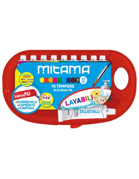 Tempera Mitama Più Superlavabile con tavolozza - 9 tubi da 10 ml assortiti + 1 tubo bianco 21 ml + 2 pennelli 61930