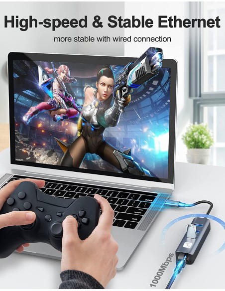 Adattatore Convertitore USB-C™ a RJ45 Gigabit con Hub 3 Porte USB 5 Gbps