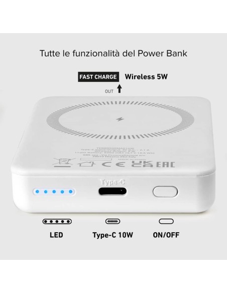 Powerbank SBS compact 5.000 mAh compatibile con MagSafe + Type C 10 W - bianco - TEBB5000MAG1CW