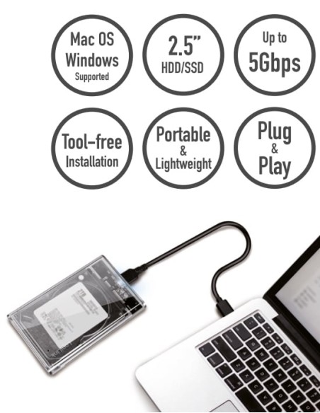 Box HDD/SSD Esterno per Disco Rigido 2.5'' USB 3.0 Trasparente con LED