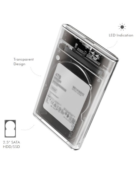 Box HDD/SSD Esterno per Disco Rigido 2.5'' USB 3.0 Trasparente con LED