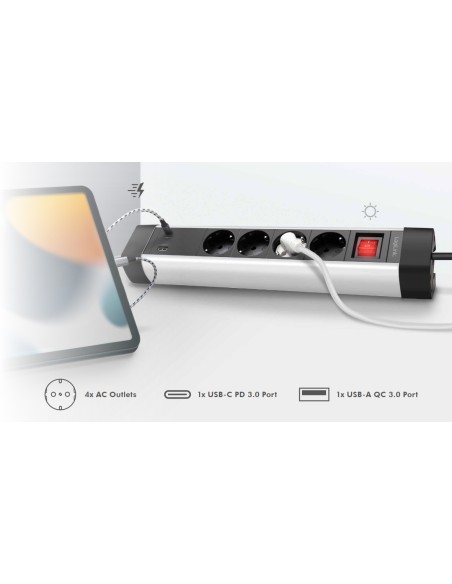 Presa Multipla a 4 vie con Presa USB-C™ PD e USB-A QC per la Ricarica Veloce