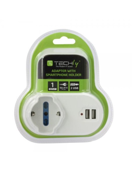 Adattatore Presa bipasso/Schuko 2 USB 1A con porta telefono