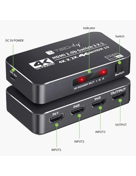 Switch HDMI 2.0b 3in 1out 4K HDR HDCP2.2 con Telecomando