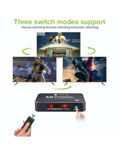Switch HDMI 2.0b 3in 1out 4K HDR HDCP2.2 con Telecomando