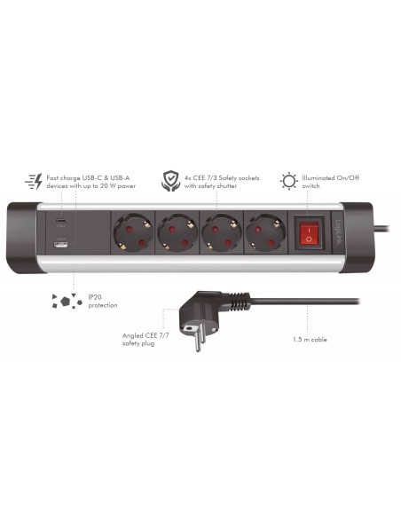 Presa Multipla a 4 vie con Presa USB-C™ PD e USB-A QC per la Ricarica Veloce