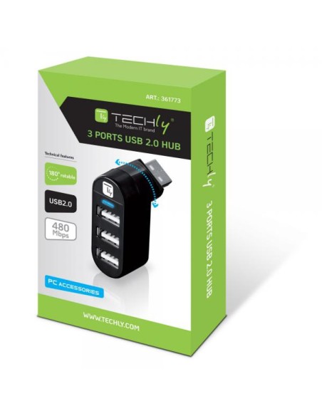 Mini Hub Rotante con 3 Porte USB 2.0 Nero