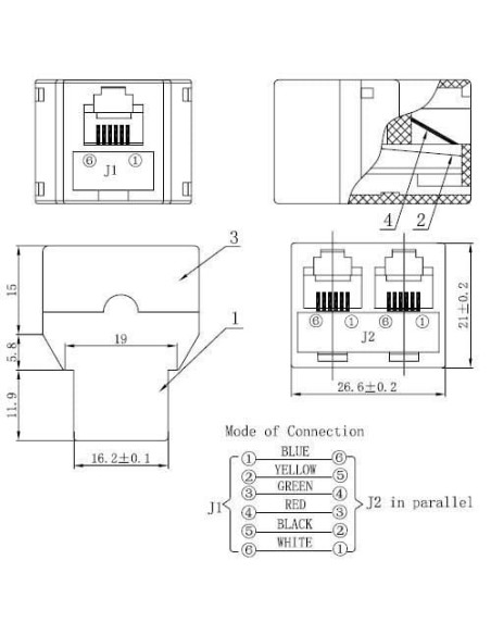 Accoppiatore telefonico 2x 6P6C F a 6P6C F