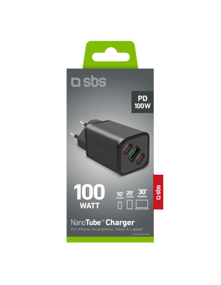 Caricatore da parete SBS GaN 1xType-C 100W Ultra Fast PD + 1x Type-C 65W Ultra Fast PD + 1xUSB AFC 36W - bianco