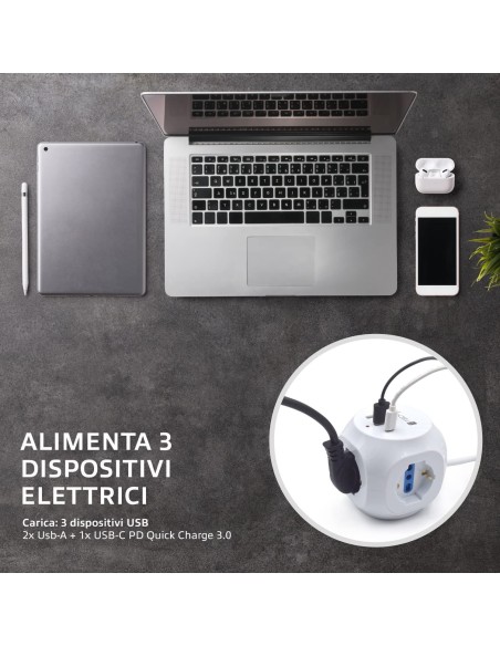 Multipresa a Cubo 3 Posti con 2 Porte USB-A e 1 USB-C™ QC3.0