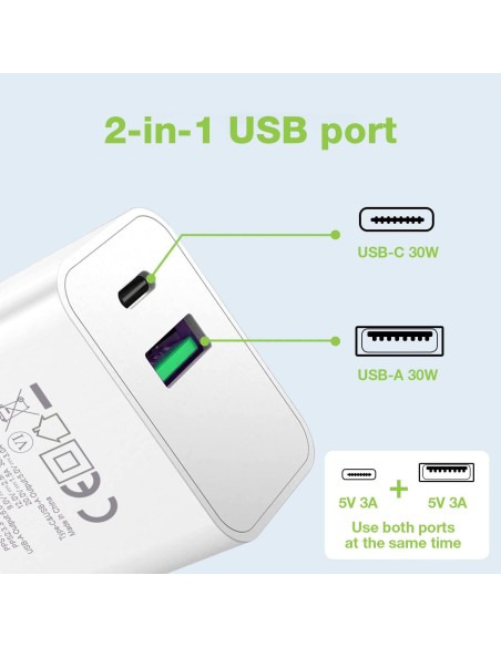 Caricatore Alimentatore GaN USB-C™ 30W e USB-A QC3.0 da Muro