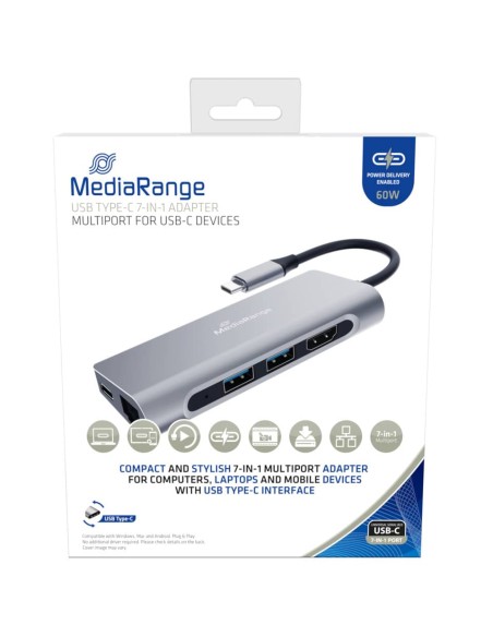 Adattatore multiplo Media-Range USB Type-C® 7-in-1 argento MRCS510
