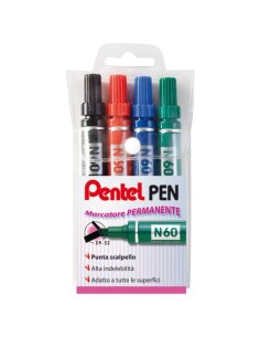 Marcatore permanente Pentel N60 con punta a scalpello 3,9/5,7 mm assortiti 4 pezzi - 0050504