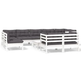 Set Divani da Giardino 10 pz con Cuscini Bianchi Legno di Pino