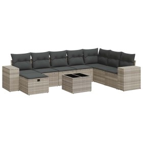 Set Divano da Giardino 9pz con Cuscini Grigio Chiaro Polyrattan
