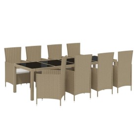 Set da Pranzo da Giardino 9 pz con Cuscini in Polyrattan Beige 2
