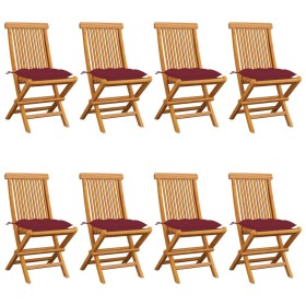 Sedie da Giardino con Cuscini Rosso Vino 8 pz Massello di Teak
