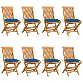 Sedie da Giardino con Cuscini Blu 8 pz in Massello di Teak